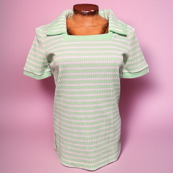 VINTAGE 70s Seafoam Striped Square Neck Blouse Size S Retro Lucky Tops - Picture 1 of 3